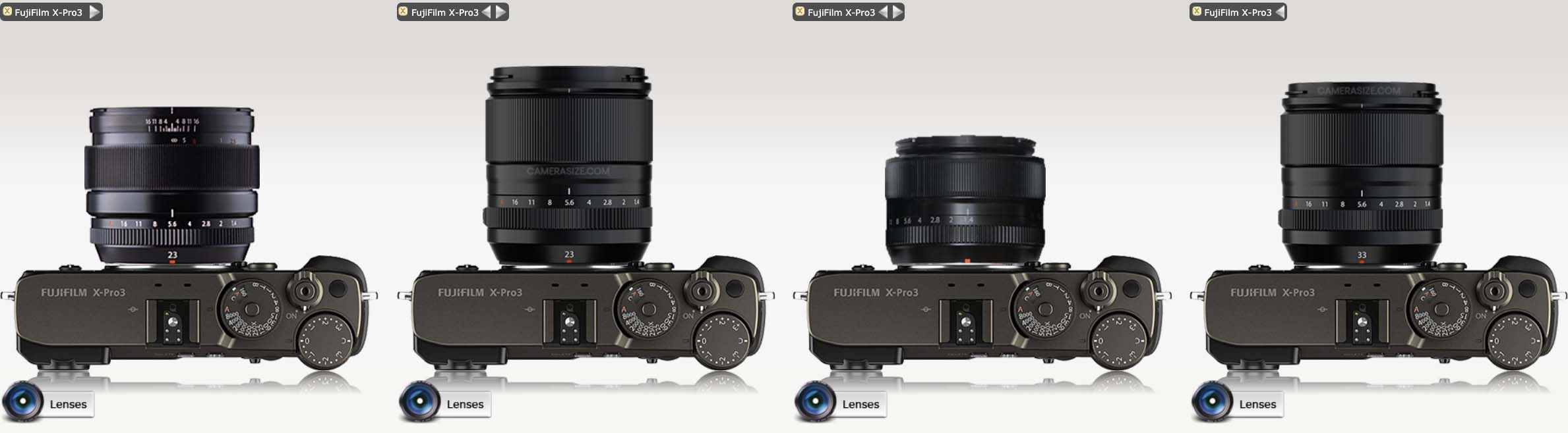 Zeug Soeverein Rose kleur New Fujifilm Lens Size Comparison: XF23mm f/1.4 V1, XF23mm f/1.4 V2, Xf33mm  f/1.4, and XF35mm f/1.4 - Fuji Addict