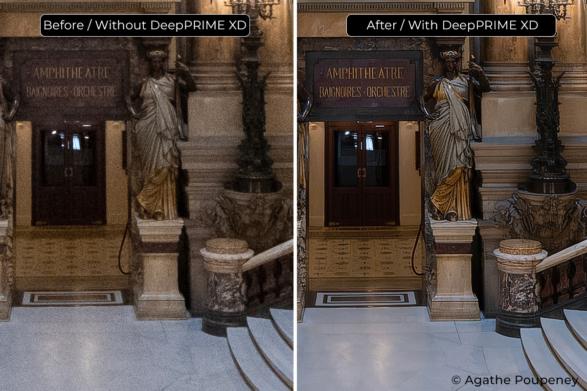 This image is a 600 x 800-pixel section (zoom factor 100%) from an image captured at4000 ISO using the Fujifilm X-T3. Both were processed using Adobe Lightroom Classic, but the image on the right was first run through DxO PureRAW 3 using DeepPRIME XD.